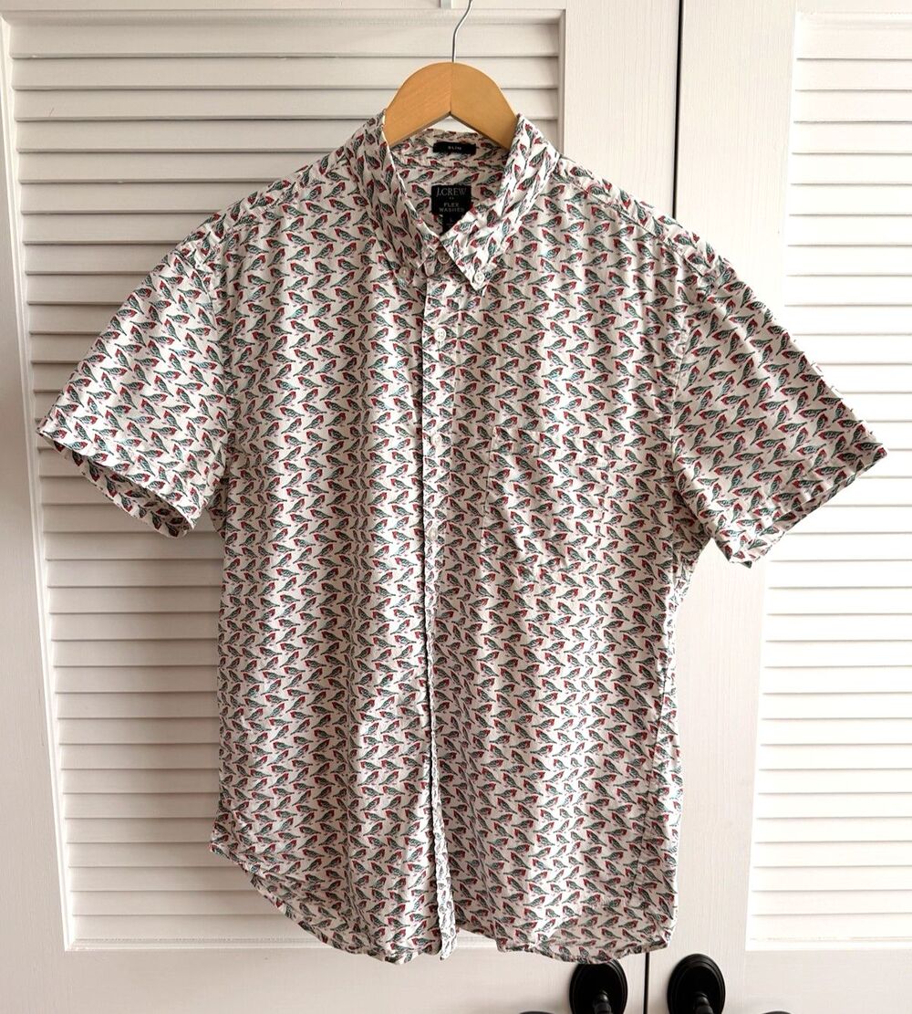 J.Crew Flex Washed Men’s L Slim Fit Bird Print Short Sleeve Button Shirt